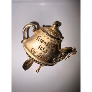 Vintage Teapot Friendship Hits The Spot Pin Brooch‎ Gold Tone Charm Pendant READ